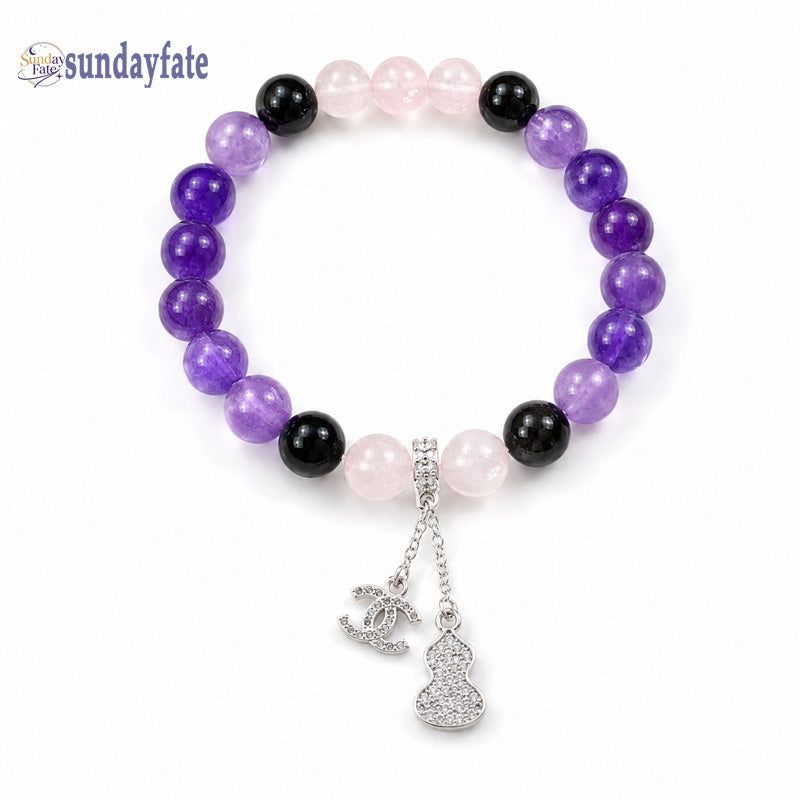 Sundayfate The Velvet Eclipse Bracelet – Handmade Uruguayan Amethyst, Rose Quartz & Black Obsidian Crystal Bracelet for Women, Intention Jewelry for Elegance & Inner Strength
