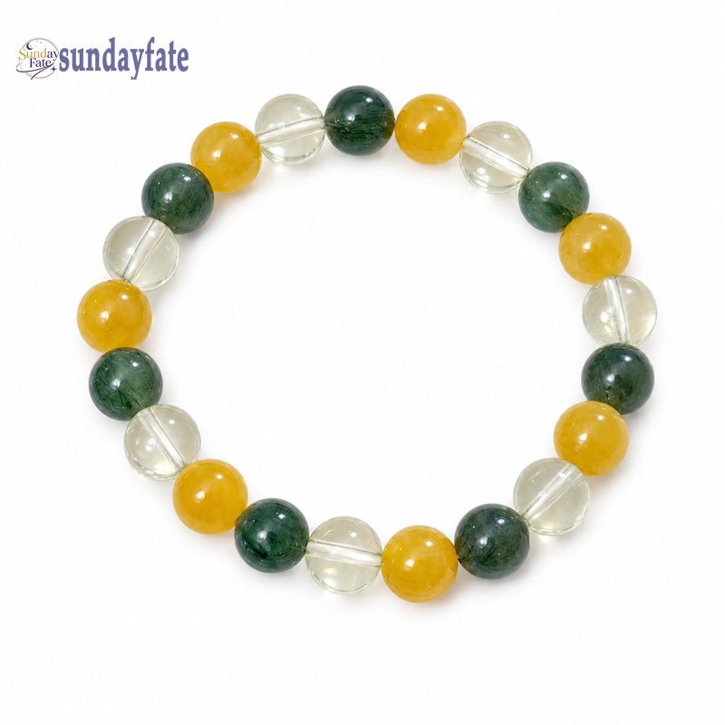 Sundayfate The Golden Forest Bracelet – Handmade Lemon Quartz, Green Hair Quartz & Golden Tiger Eye Crystal Bracelet for Women, Intention Jewelry for Confidence & Personal Growth - Sundayfate