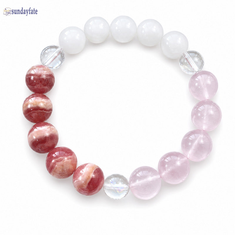 Sundayfate The Rosé Lumière Bracelet – Handmade Rhodochrosite, Star Rose Quartz, White Jade & White Crystal Bracelet for Women, Romantic Meaningful Jewelry