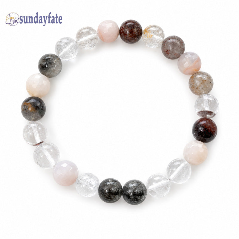 Sundayfate The Sakura Forest Bracelet – Handmade Faceted Sakura Agate, Green Phantom Crystal & Black Rutilated Quartz Bracelet, Natural Gemstone Jewelry for Women & Men