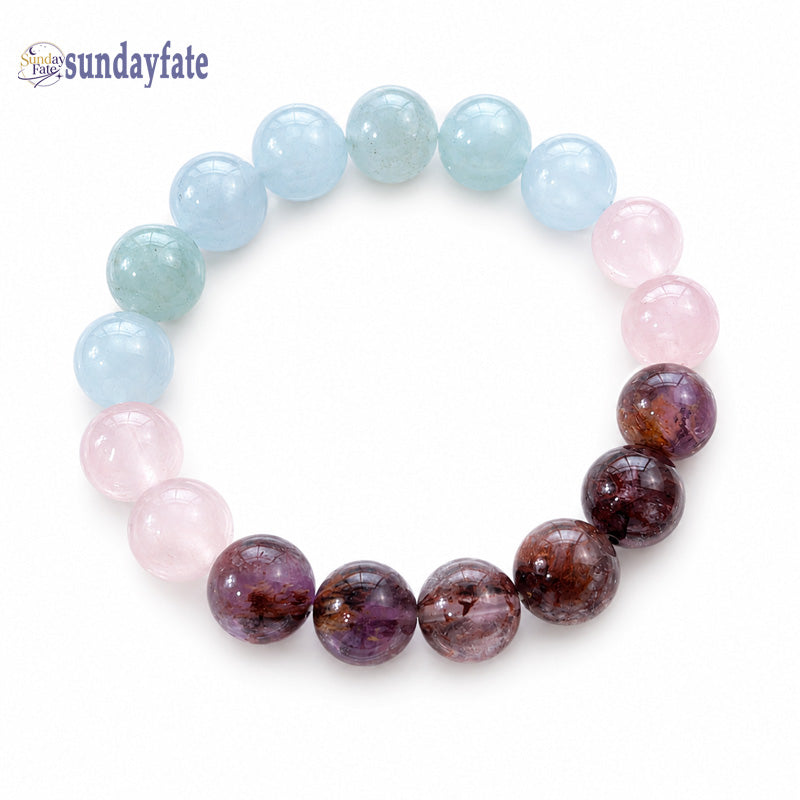 Sundayfate The Aurora Dream Bracelet – Handmade Star Rose Quartz, Creamy Aquamarine & Purple Phantom Crystal Bracelet for Women, Dreamy Meaningful Jewelry