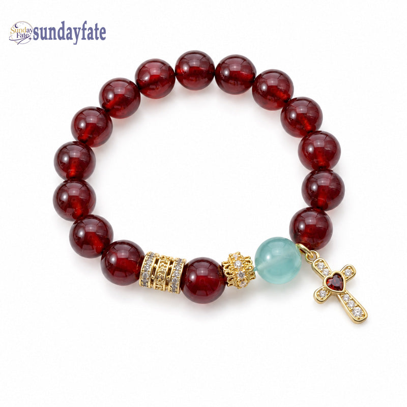 Sundayfate The Royal Grace Bracelet – Handmade Garnet & Green Fluorite Crystal Bracelet with Vintage Gold Cross Charm, Elegant Meaningful Jewelry for Women