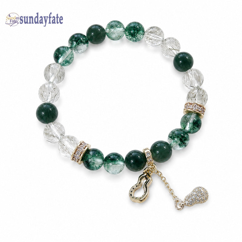 Sundayfate The Verdant Legacy Bracelet – Handmade Green Phantom Quartz, Green Rutilated Quartz & Green Hair Quartz Crystal Bracelet with Gold Charm for Women, Meaningful Jewelry