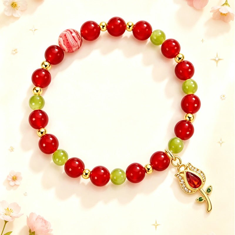 The Crimson Bloom Bracelet: Red Agate, Xiu Jade & Root - Heart Chakra Alignment - Fates