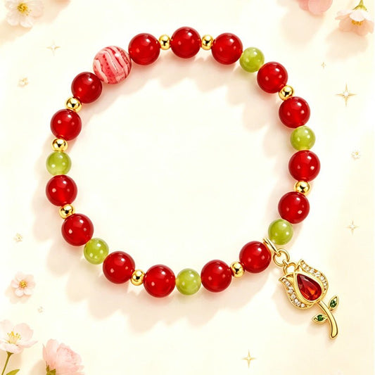 The Crimson Bloom Bracelet: Red Agate, Xiu Jade & Root - Heart Chakra Alignment - Fates