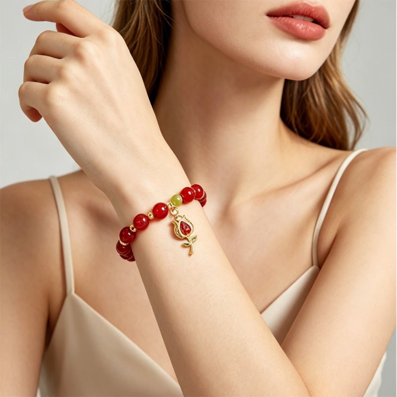 The Crimson Bloom Bracelet: Red Agate, Xiu Jade & Root - Heart Chakra Alignment - Fates