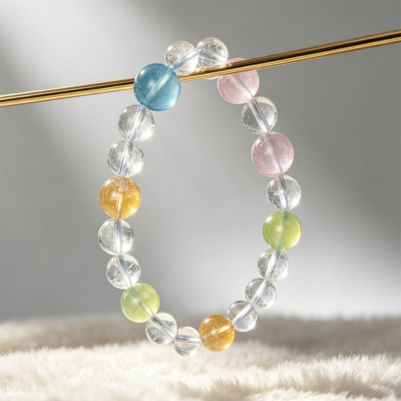 The Sunshower Rainbow Bracelet: High - Clarity Azeztulite & Pastel Gemstone Mix - Fates