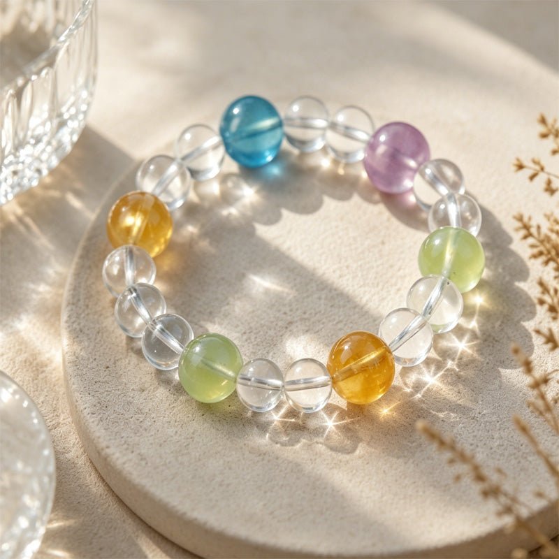 The Sunshower Rainbow Bracelet: High - Clarity Azeztulite & Pastel Gemstone Mix - Fates